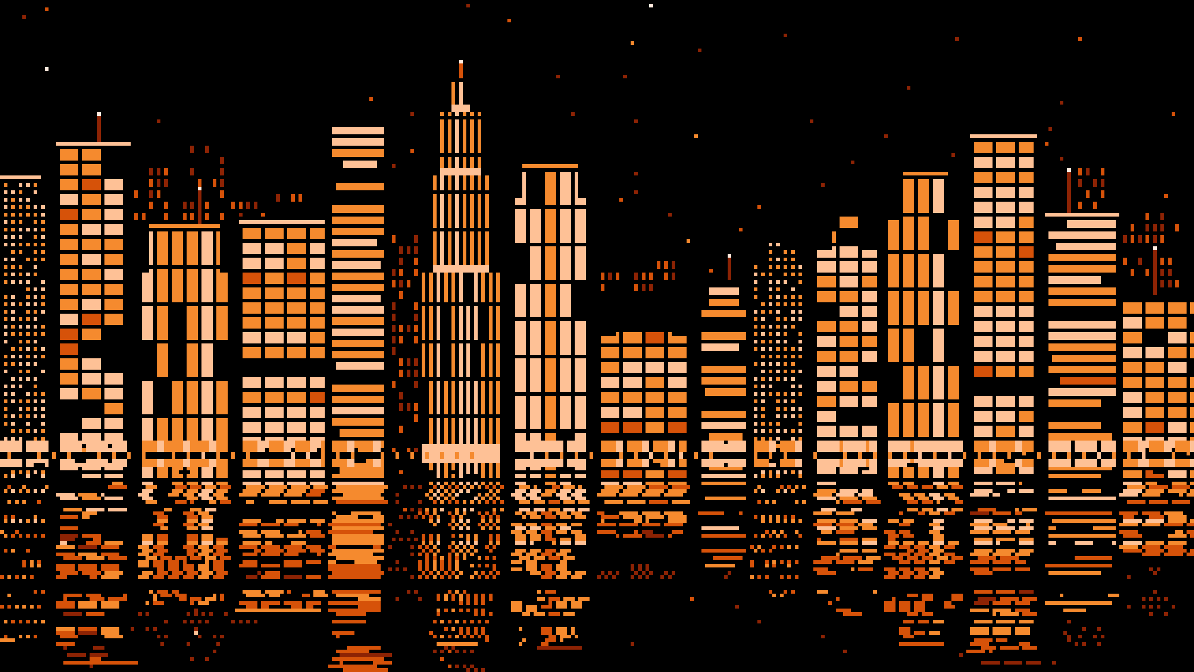 Orange Pixel Art Neon Skyline at Night desktop wallpaper in 4K