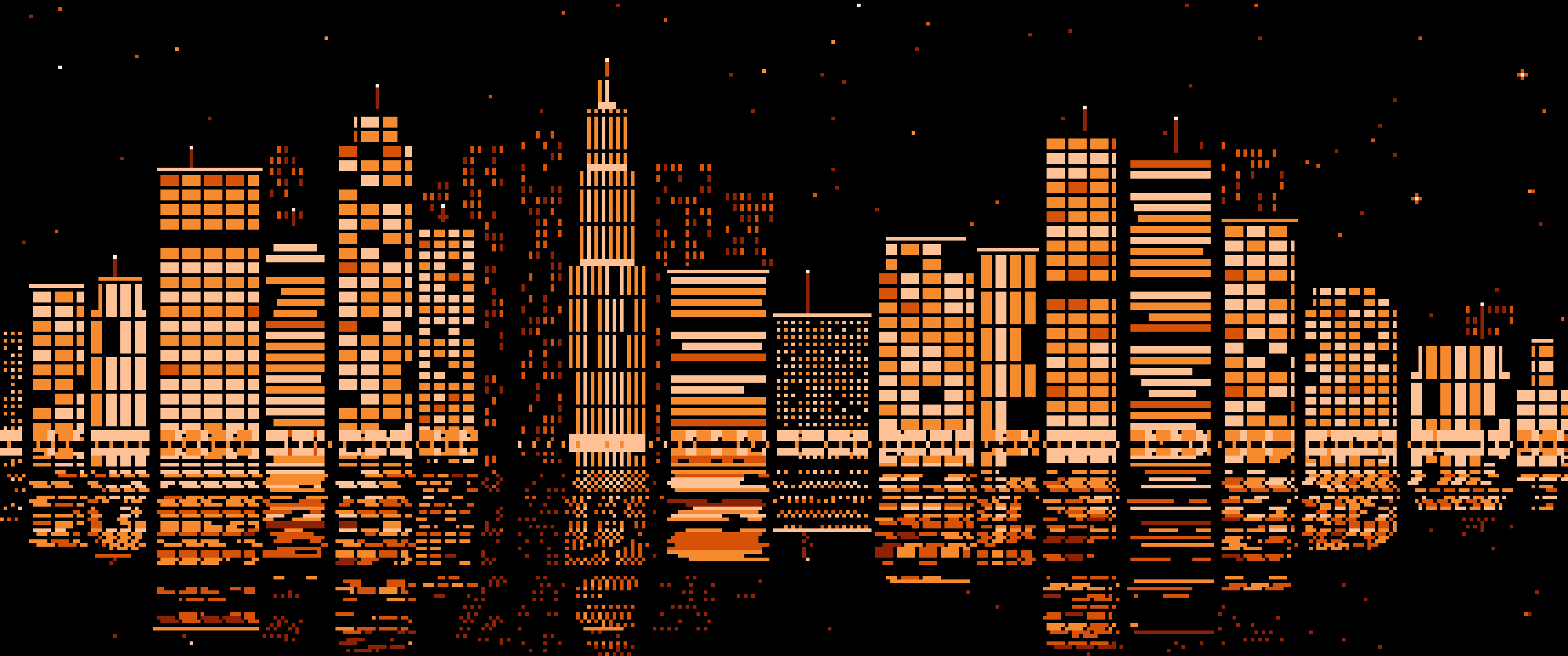 Orange Pixel Art Neon Skyline at Night ultrawide wallpaper, 3440 × 1440