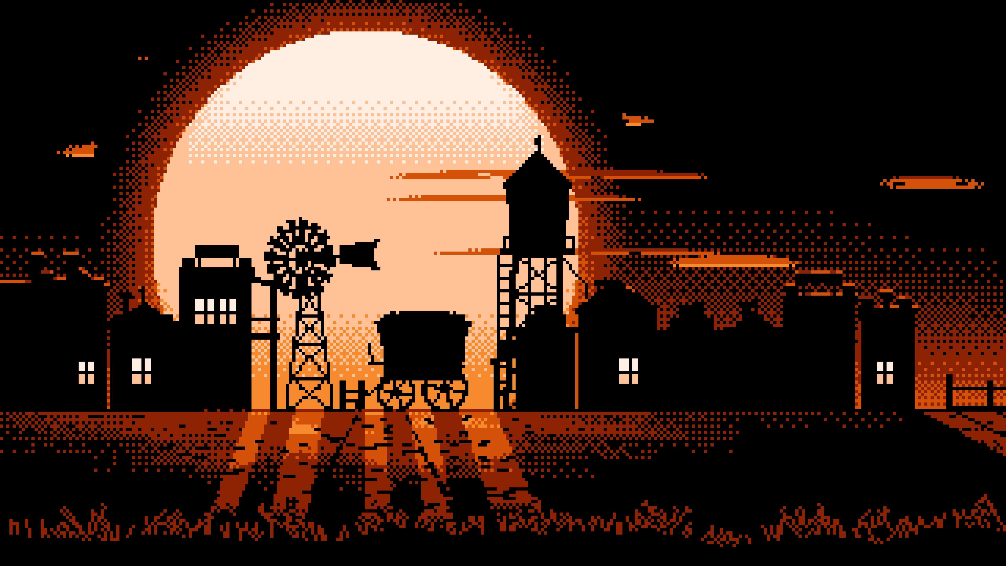 Orange Pixel Art Old West Town desktop wallpaper in 4K