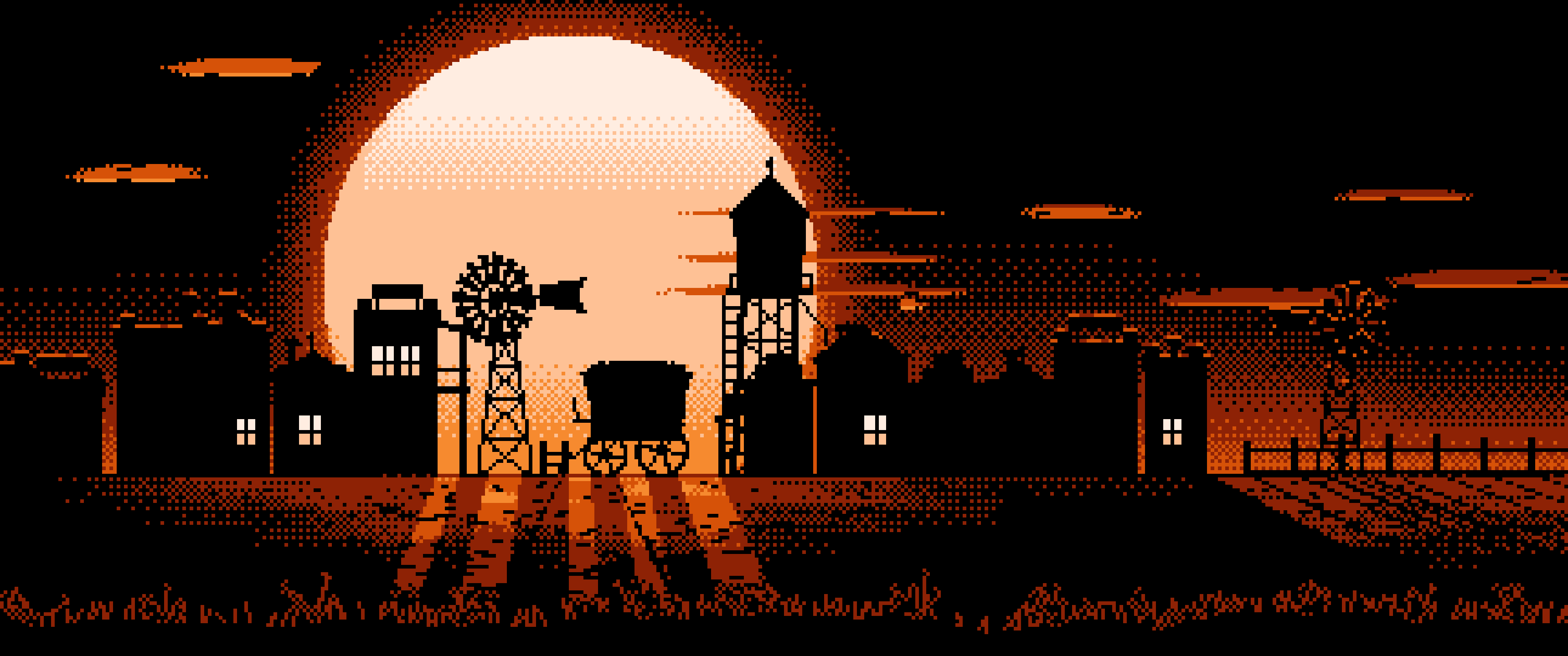 Orange Pixel Art Old West Town ultrawide wallpaper, 3440 × 1440