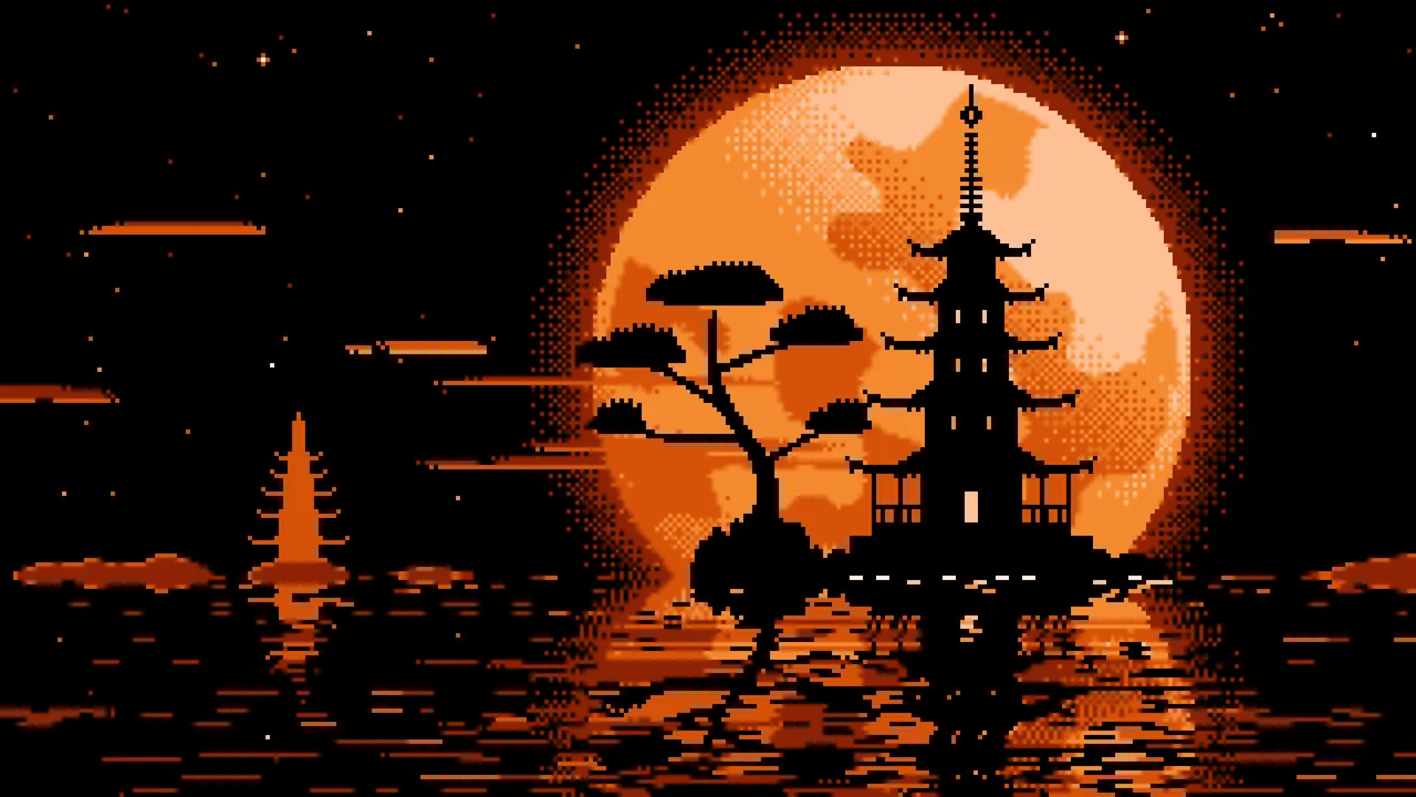 Orange Pixel Art Pagoda and Full Moon desktop wallpaper in 4K