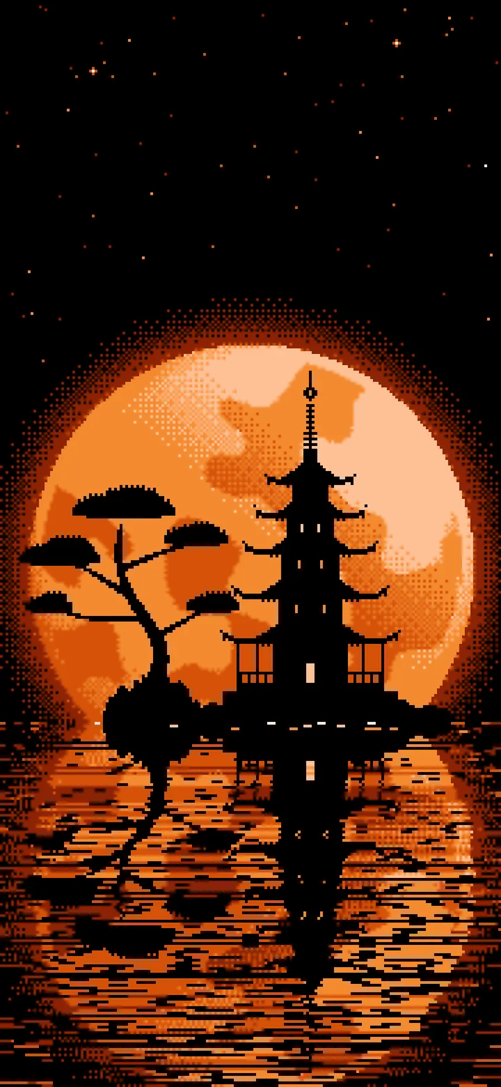 Orange Pixel Art Pagoda and Full Moon wallpaper for iPhone and Android