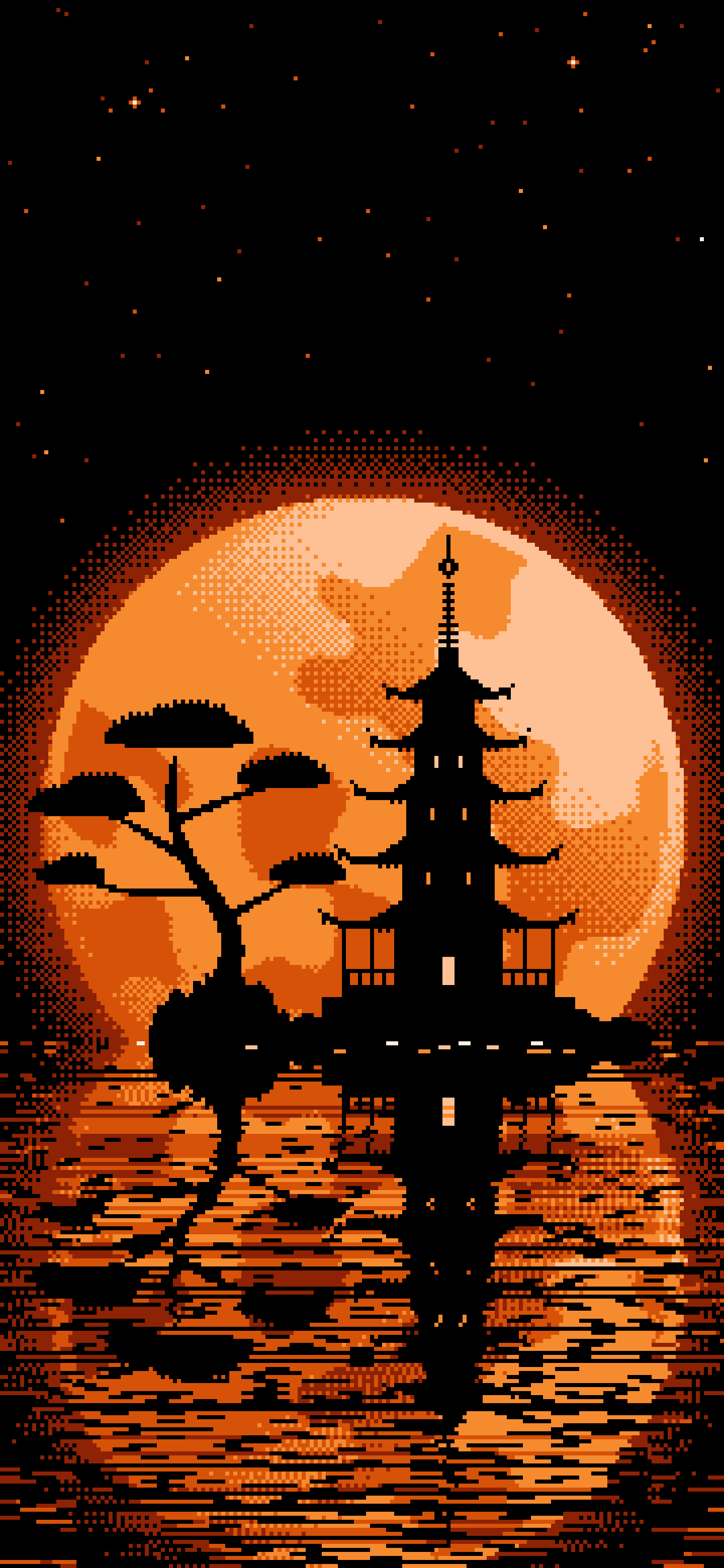 Orange Pixel Art Pagoda and Full Moon wallpaper for iPhone and Android