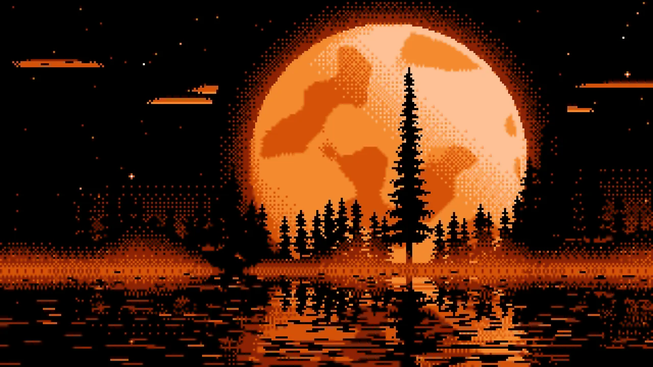 Orange Pixel Art Pine Trees and Full Moon desktop wallpaper in 4K