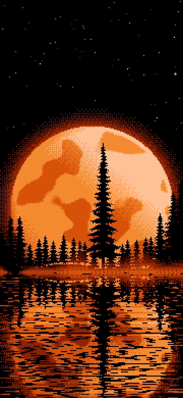 Orange Pixel Art Pine Trees and Full Moon wallpaper for iPhone and Android