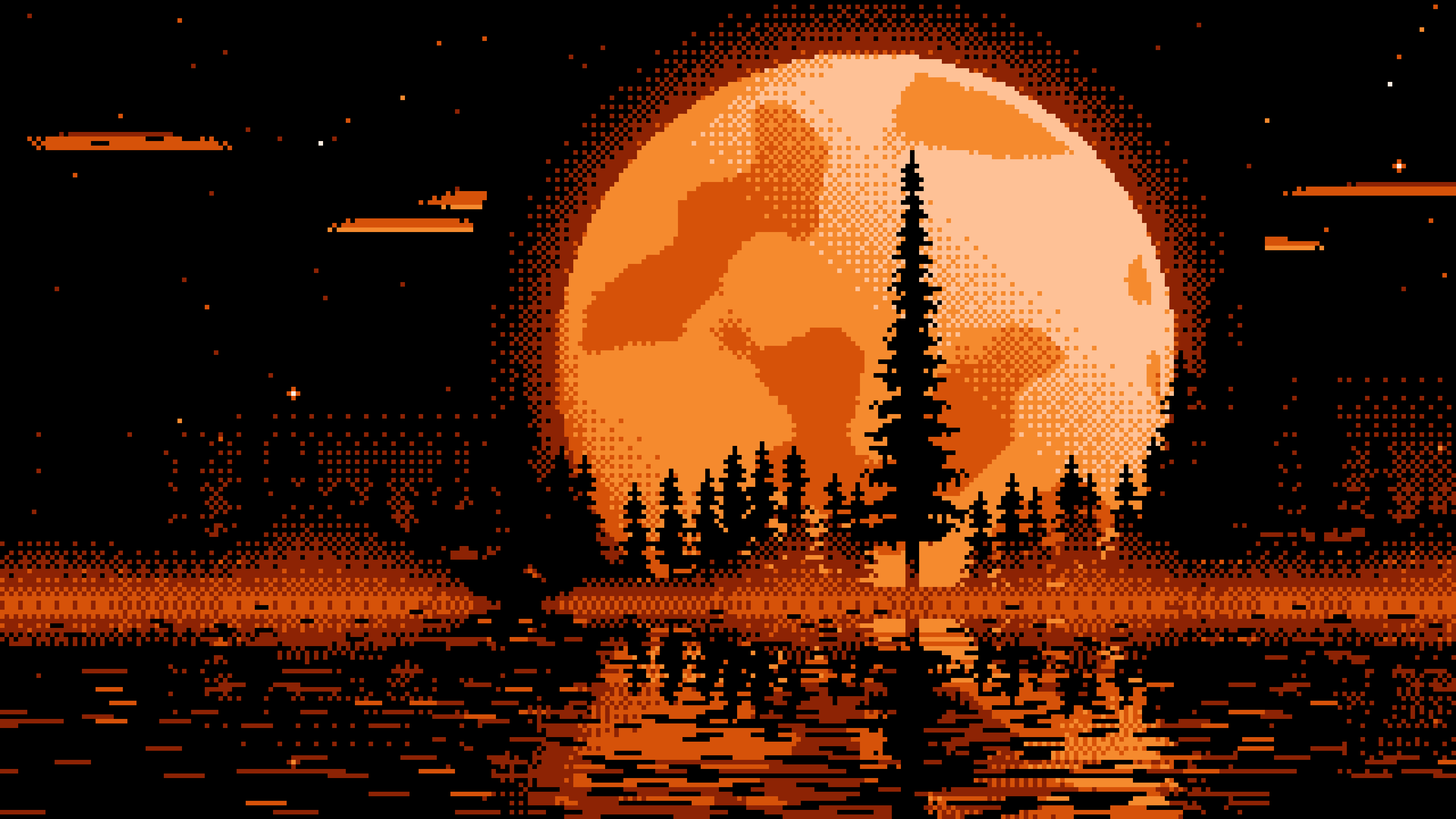 Orange Pixel Art Pine Trees and Full Moon desktop wallpaper in 4K