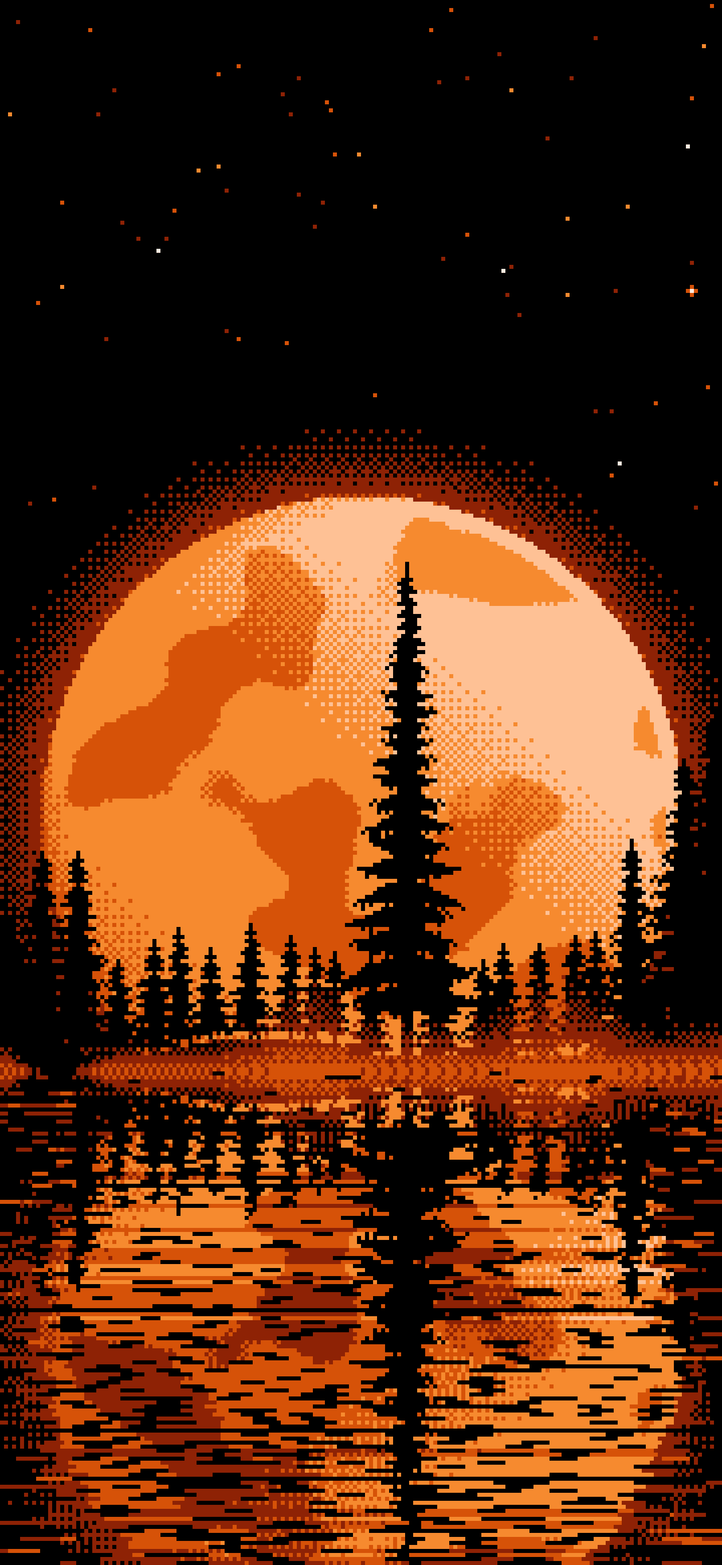 Orange Pixel Art Pine Trees and Full Moon wallpaper for iPhone and Android