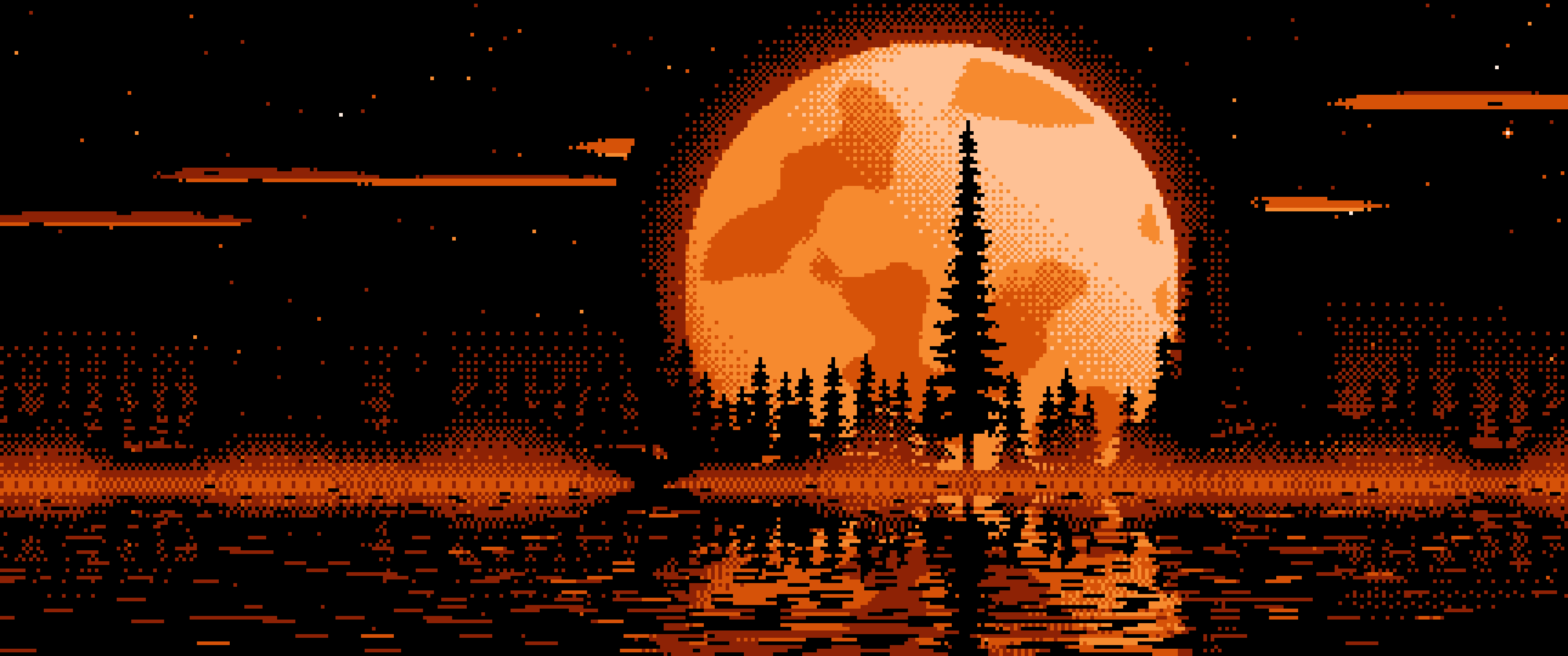 Orange Pixel Art Pine Trees and Full Moon ultrawide wallpaper, 3440 × 1440