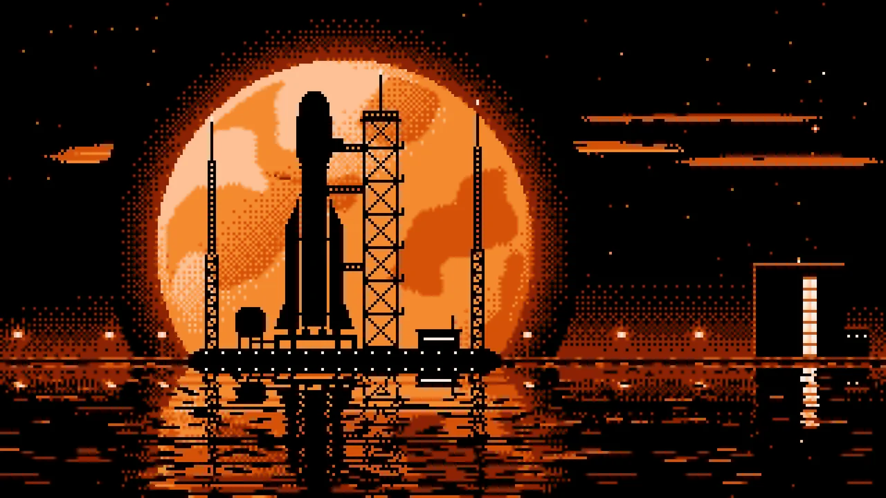 Orange Pixel Art Rocket and Full Moon desktop wallpaper in 4K