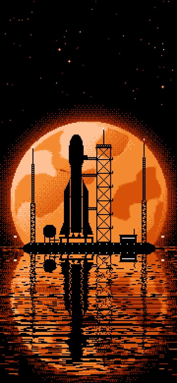Orange Pixel Art Rocket and Full Moon wallpaper for iPhone and Android