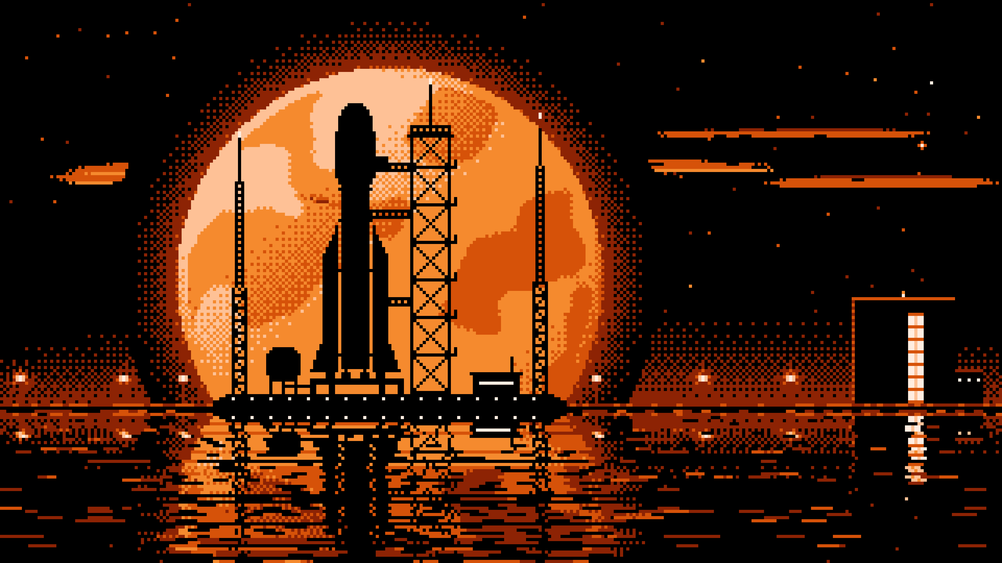 Orange Pixel Art Rocket and Full Moon desktop wallpaper in 4K