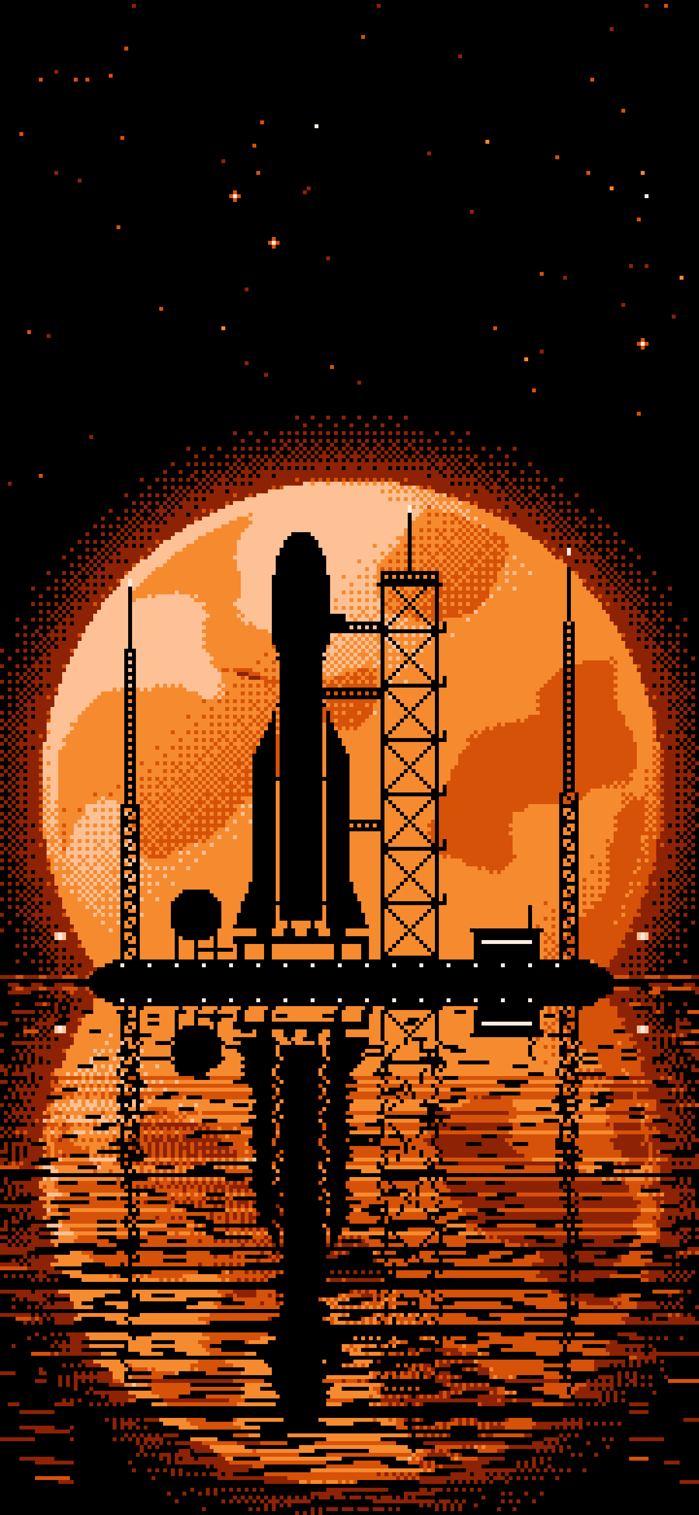 Orange Pixel Art Rocket and Full Moon wallpaper for iPhone and Android