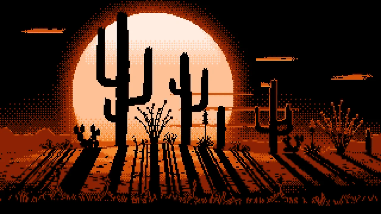 Orange Pixel Art Saguaro Cactus Desert desktop wallpaper in 4K