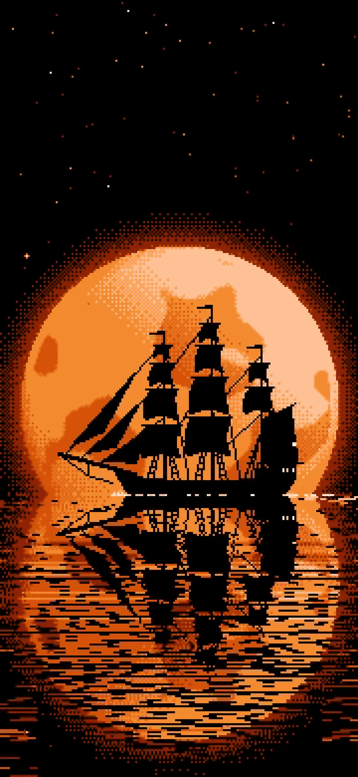 Orange Pixel Art Sailing Ship and Full Moon wallpaper for iPhone and Android