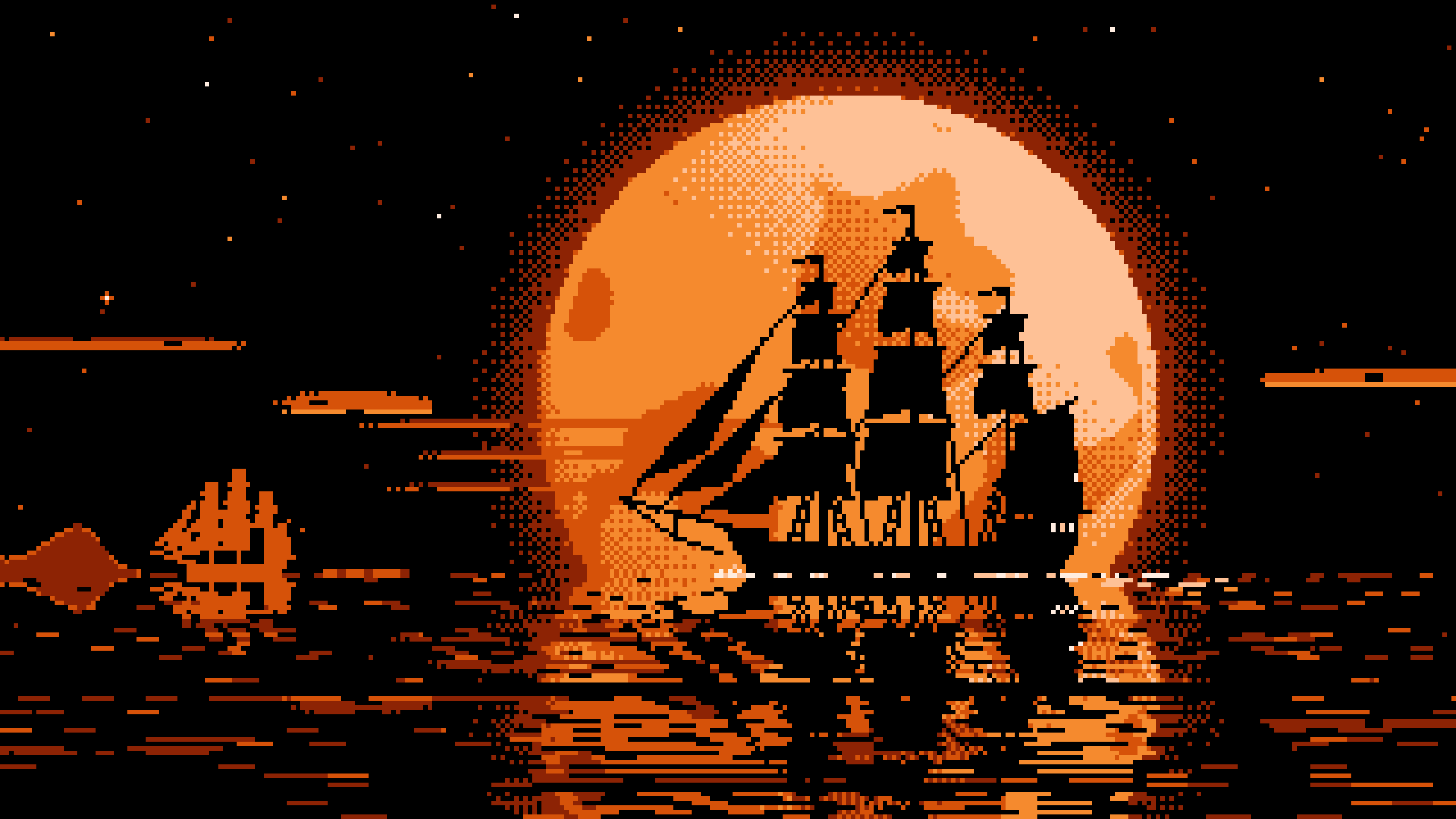 Orange Pixel Art Sailing Ship and Full Moon desktop wallpaper in 4K