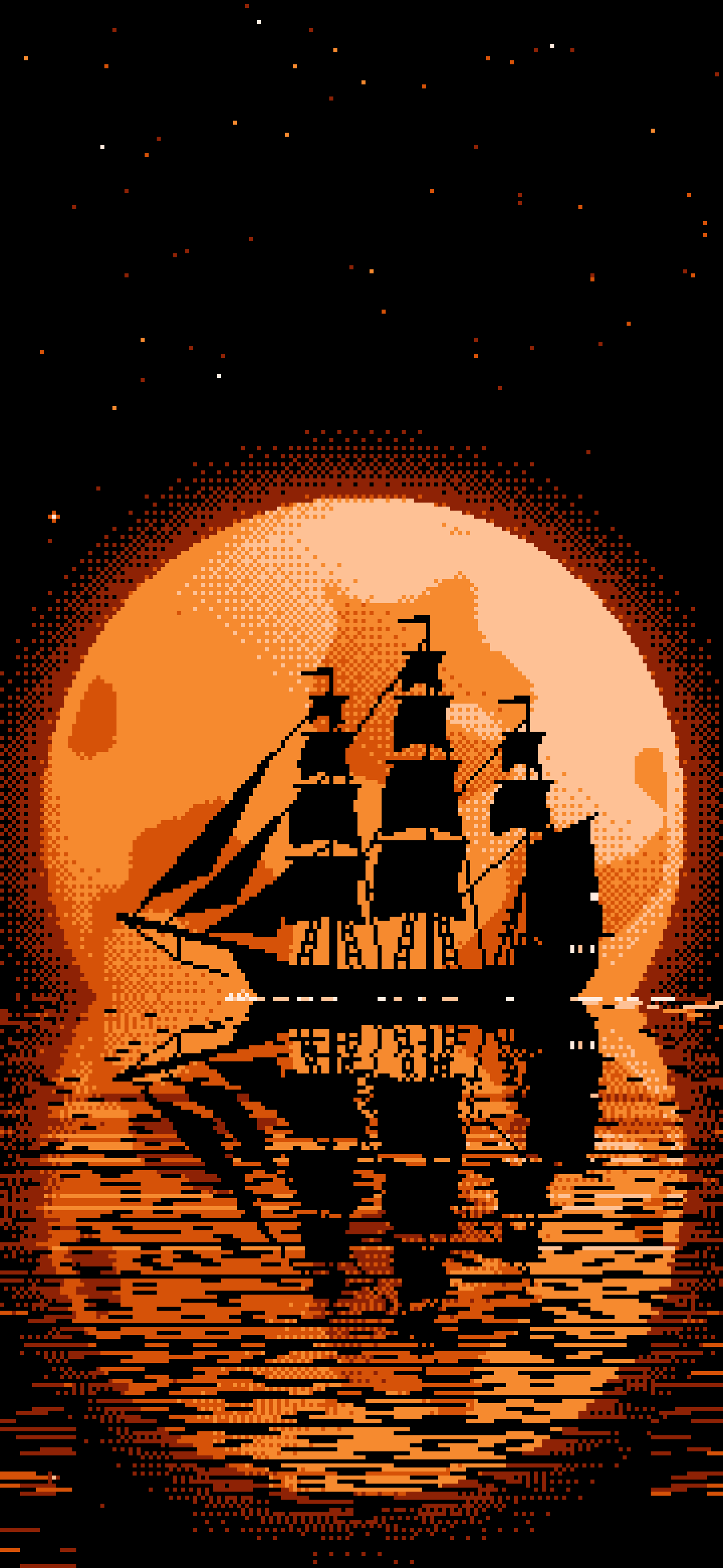 Orange Pixel Art Sailing Ship and Full Moon wallpaper for iPhone and Android