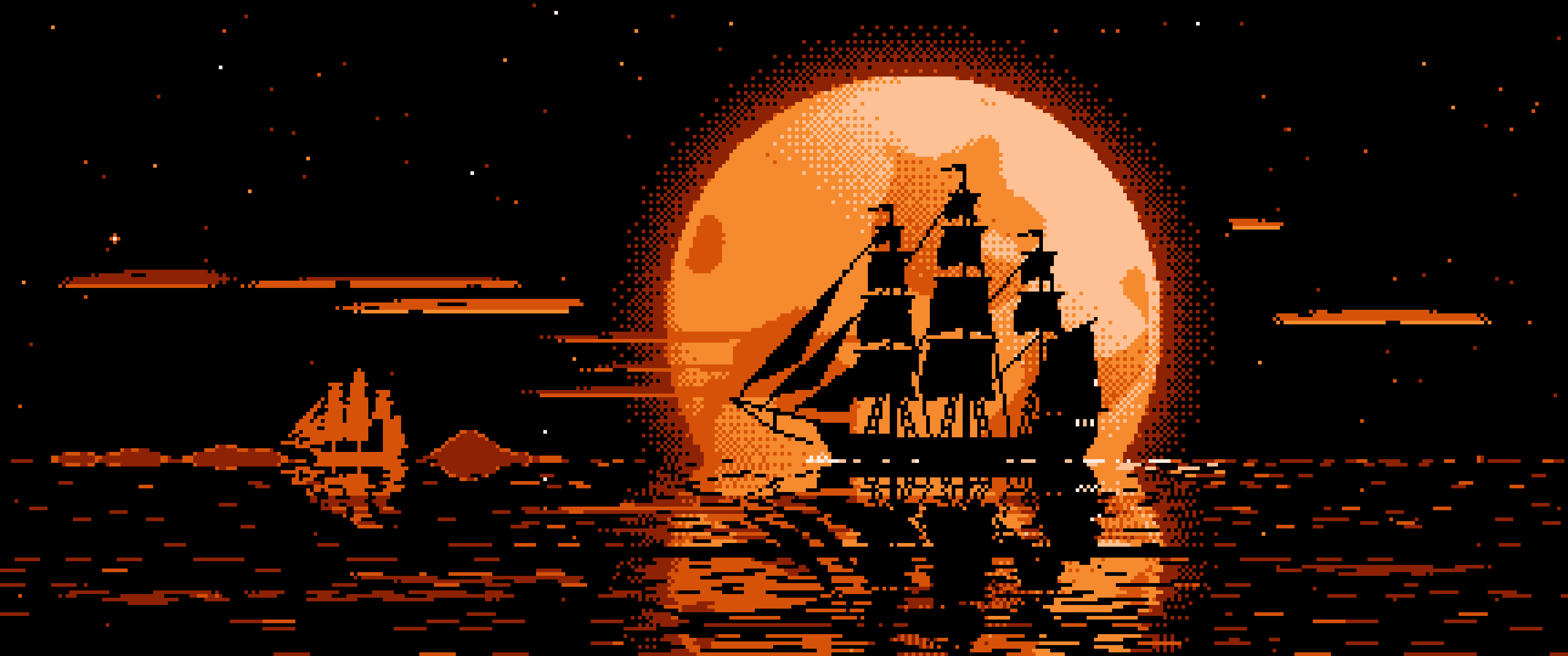 Orange Pixel Art Sailing Ship and Full Moon ultrawide wallpaper, 3440 × 1440