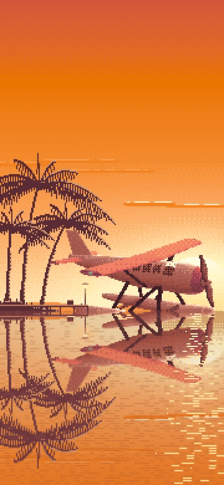 Orange Pixel Art Seaplane at a Tropical Dock wallpaper for iPhone and Android