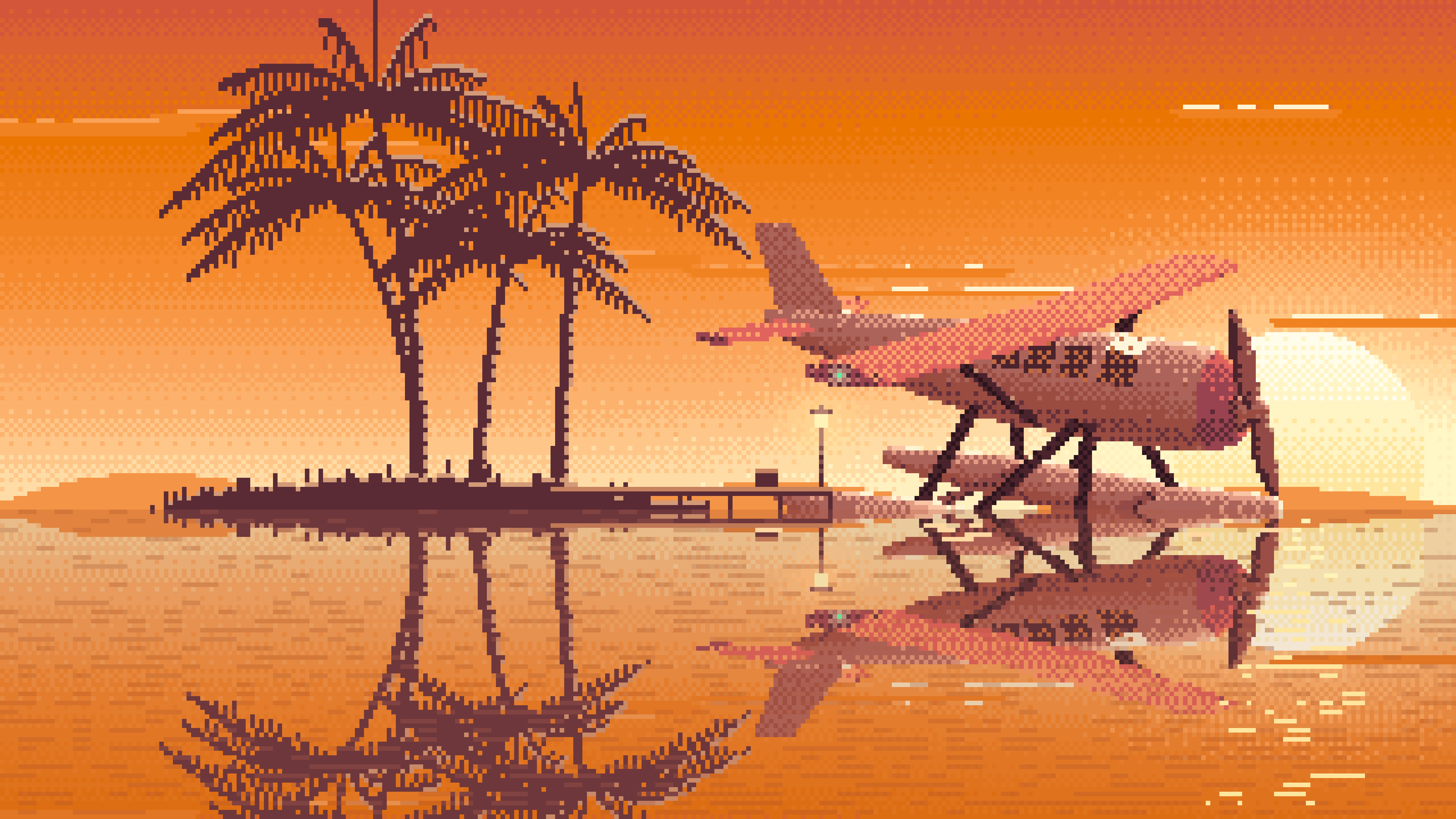 Orange Pixel Art Seaplane at a Tropical Dock desktop wallpaper in 4K