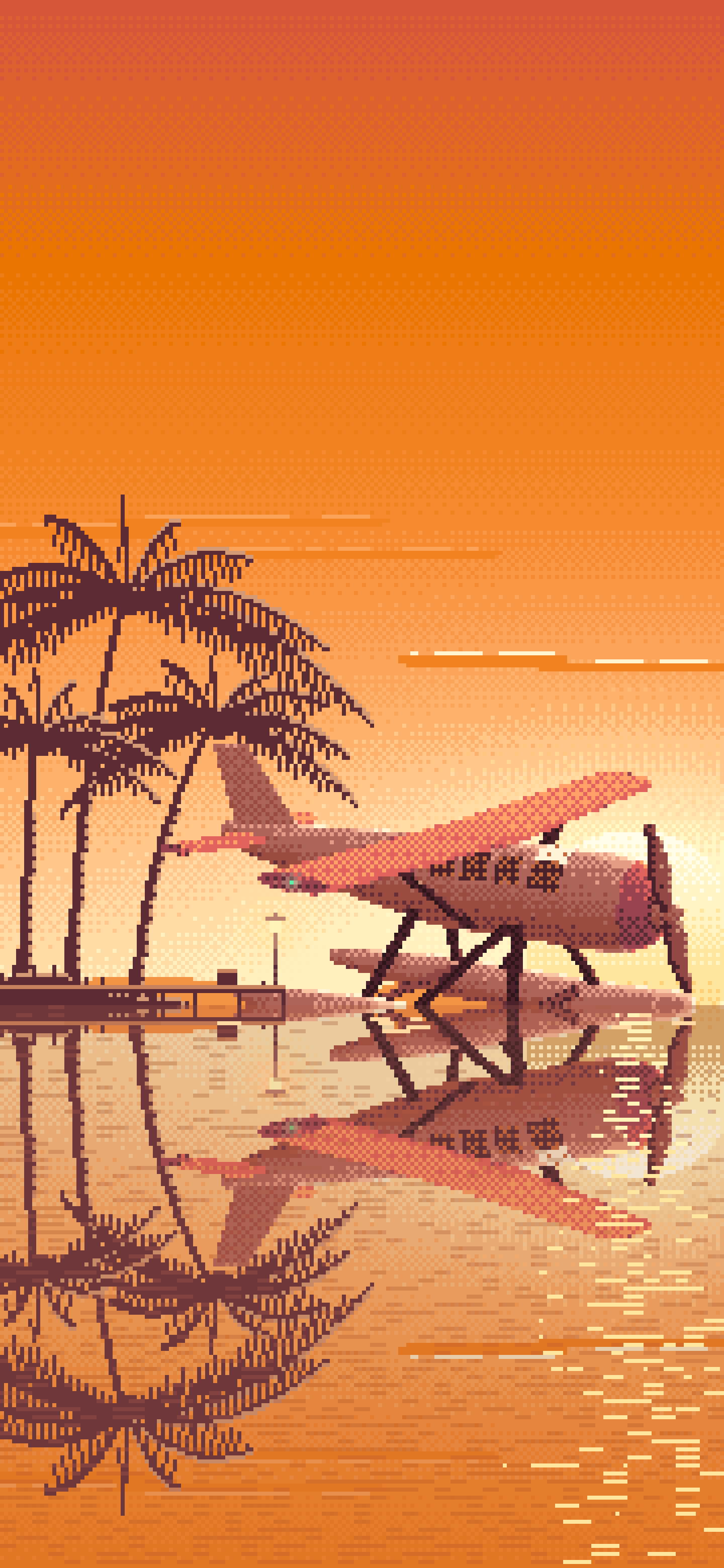 Orange Pixel Art Seaplane at a Tropical Dock wallpaper for iPhone and Android