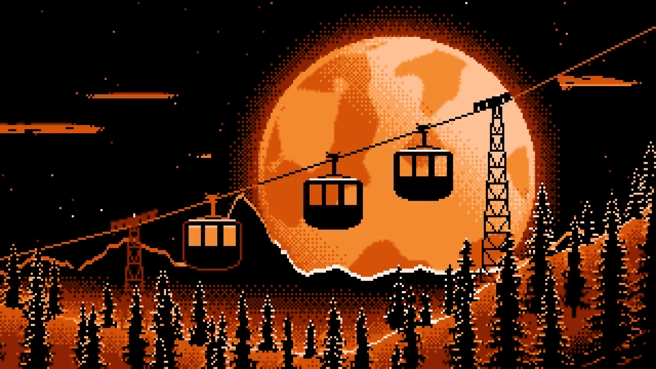 Orange Pixel Art Ski Gondola and Full Moon desktop wallpaper in 4K