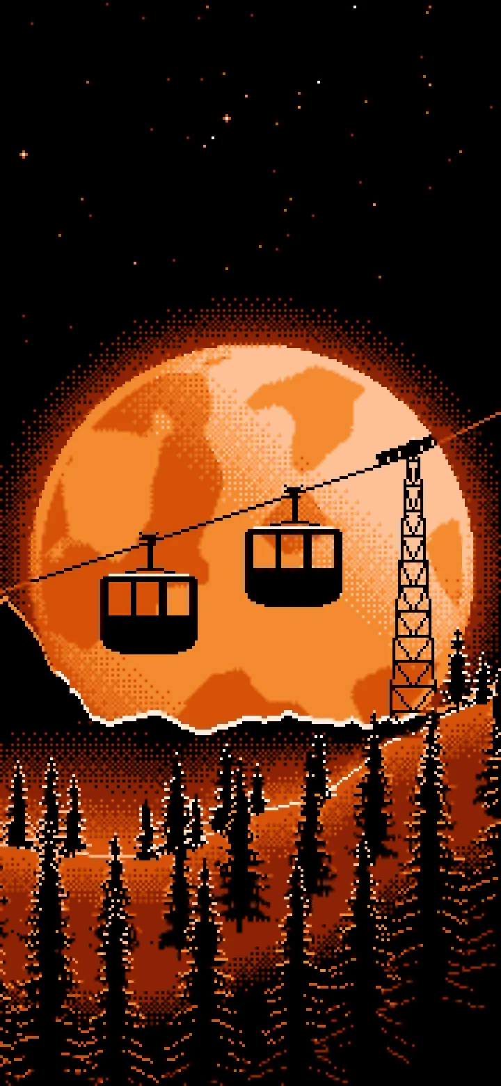 Orange Pixel Art Ski Gondola and Full Moon wallpaper for iPhone and Android