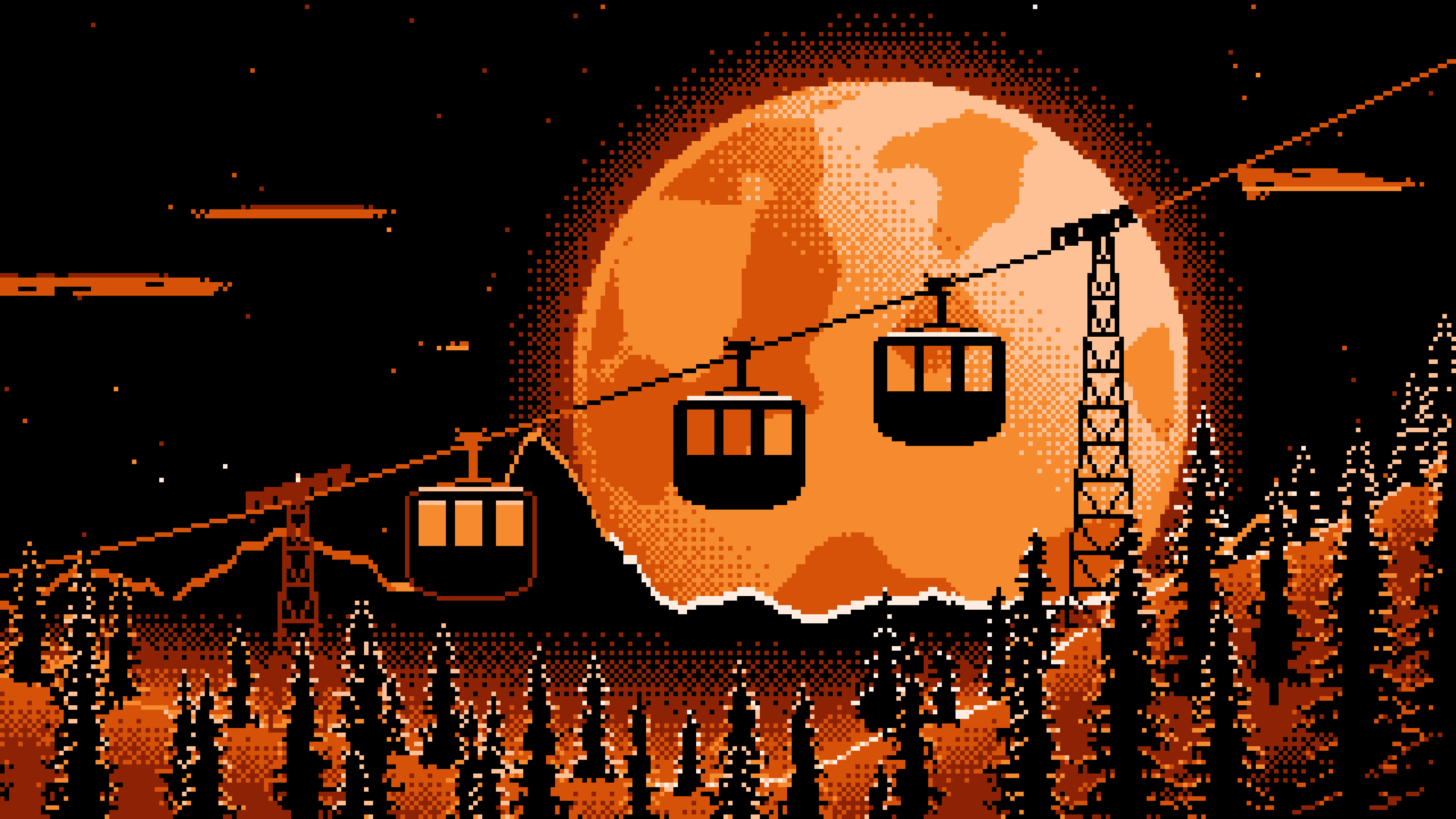 Orange Pixel Art Ski Gondola and Full Moon desktop wallpaper in 4K