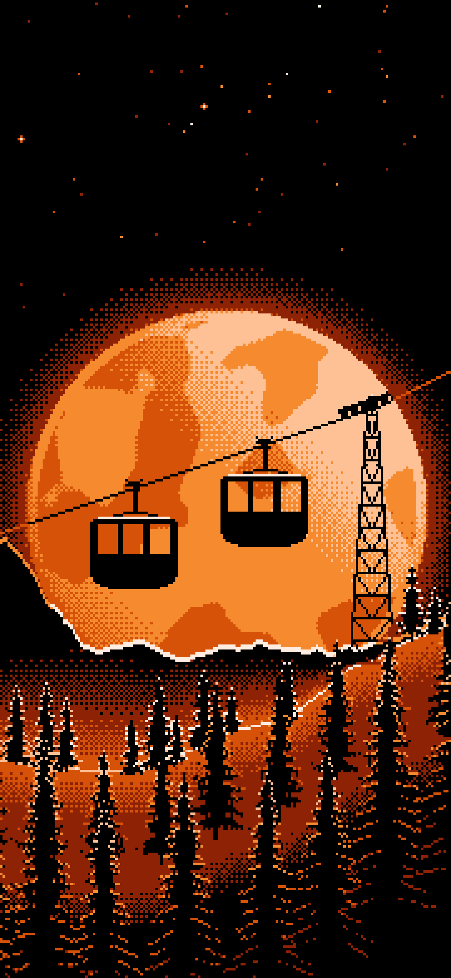 Orange Pixel Art Ski Gondola and Full Moon wallpaper for iPhone and Android