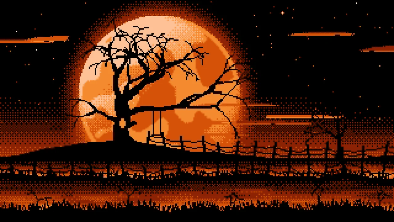 Orange Pixel Art Spooky Tree and Full Moon desktop wallpaper in 4K