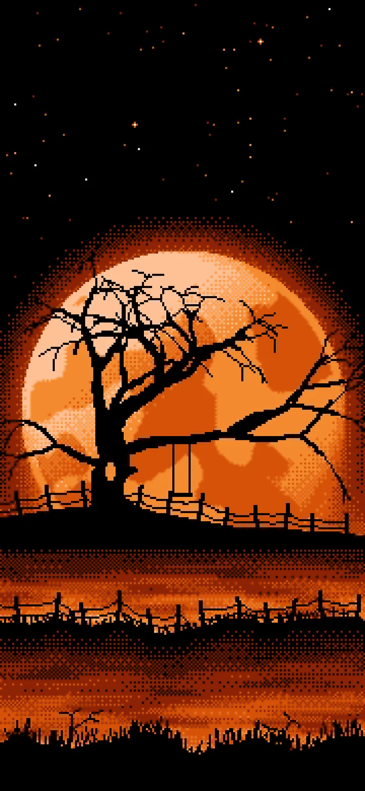 Orange Pixel Art Spooky Tree and Full Moon wallpaper for iPhone and Android