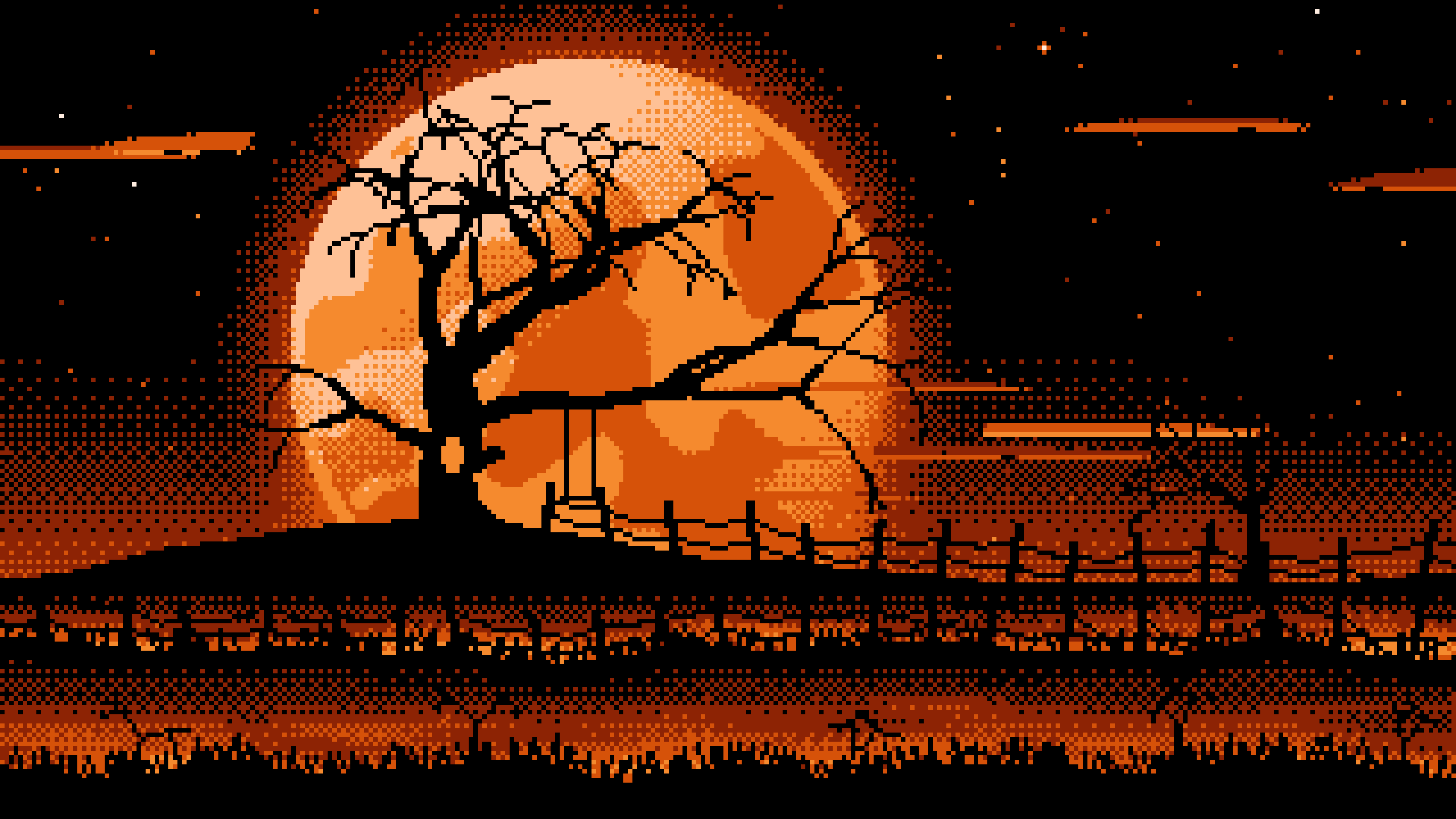 Orange Pixel Art Spooky Tree and Full Moon desktop wallpaper in 4K