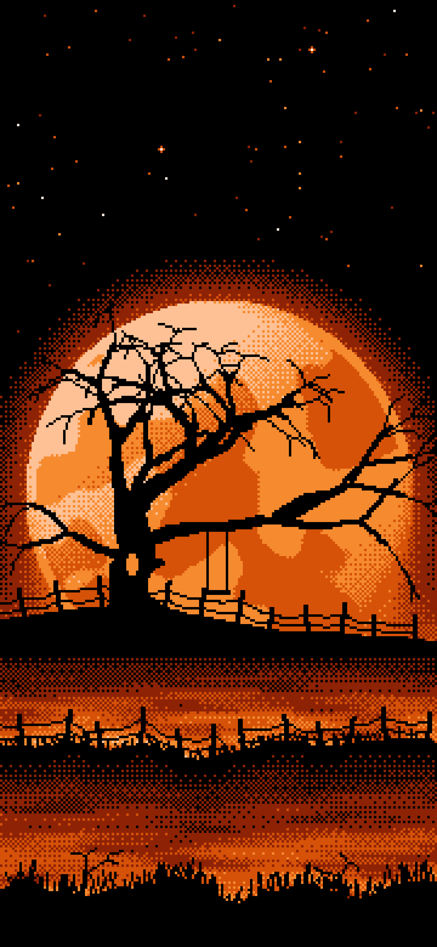 Orange Pixel Art Spooky Tree and Full Moon wallpaper for iPhone and Android