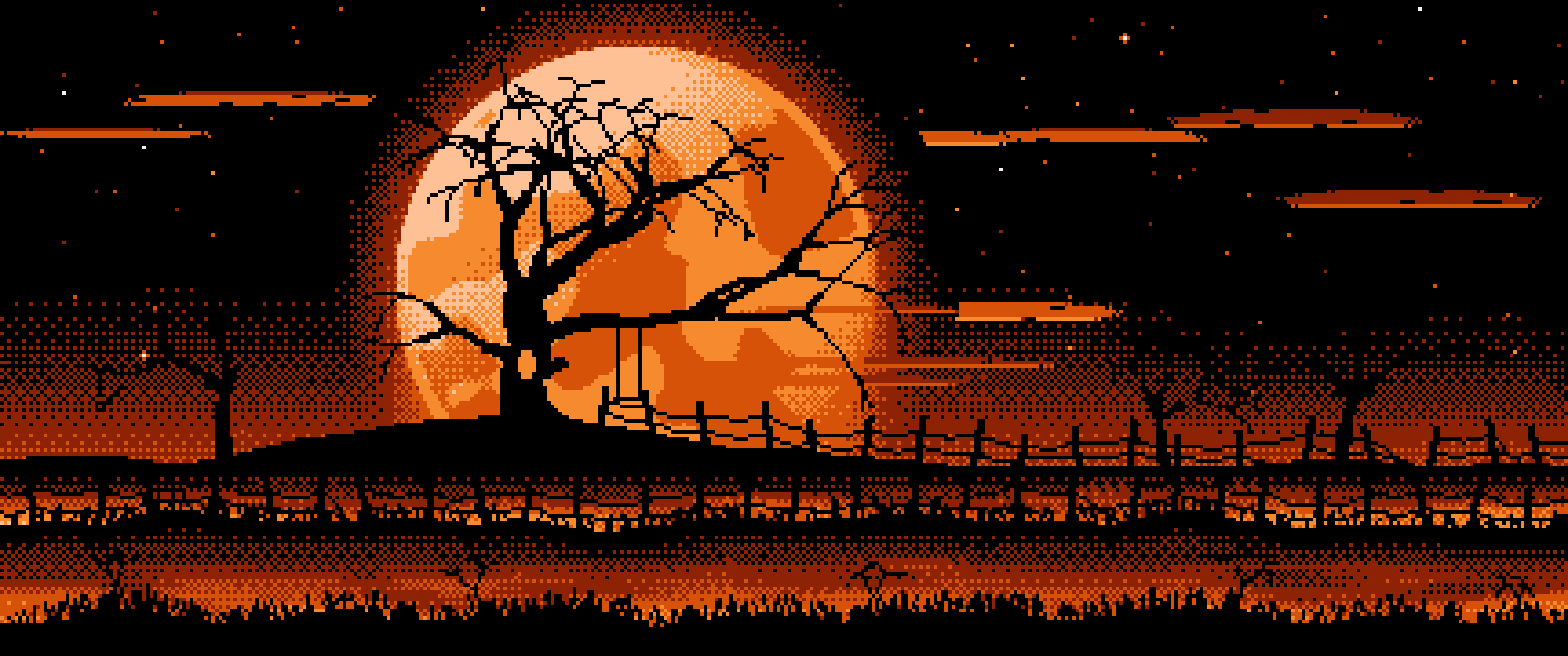 Orange Pixel Art Spooky Tree and Full Moon ultrawide wallpaper, 3440 × 1440