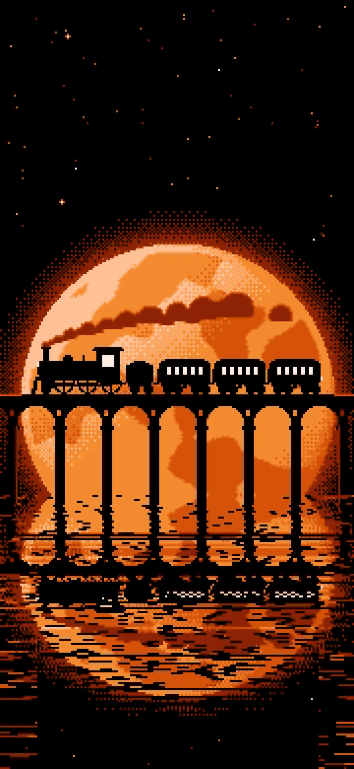 Orange Pixel Art Steam Train and Full Moon wallpaper for iPhone and Android
