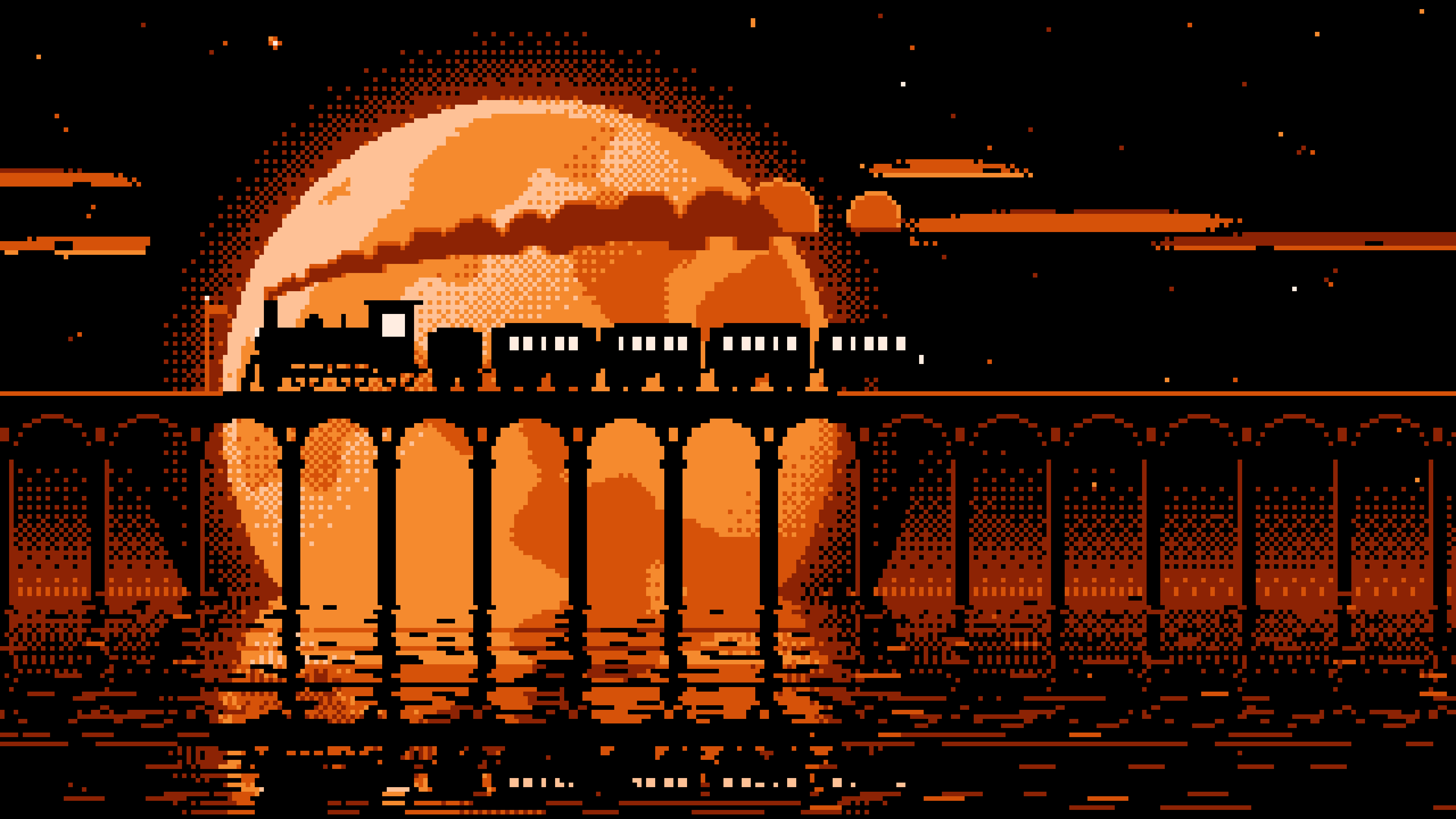 Orange Pixel Art Steam Train and Full Moon desktop wallpaper in 4K