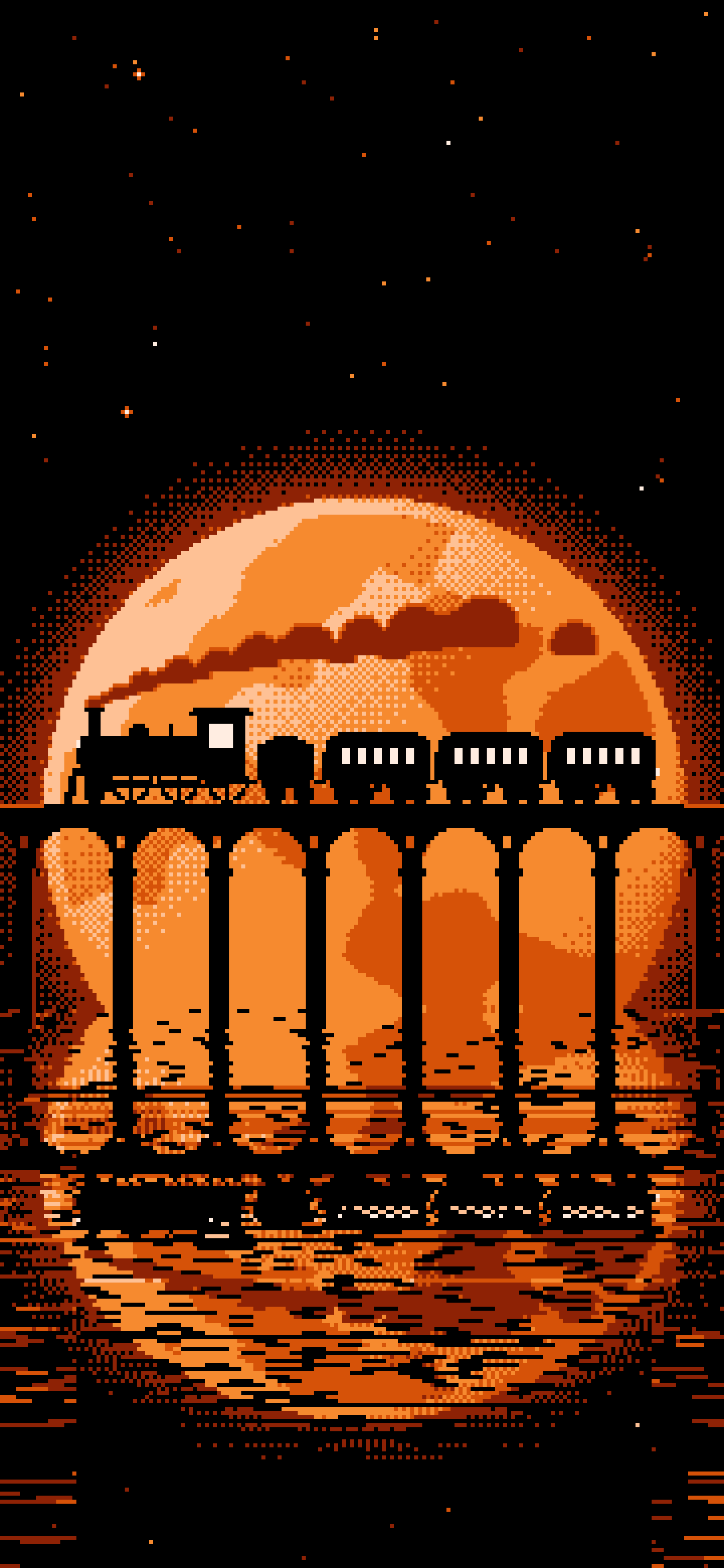 Orange Pixel Art Steam Train and Full Moon wallpaper for iPhone and Android
