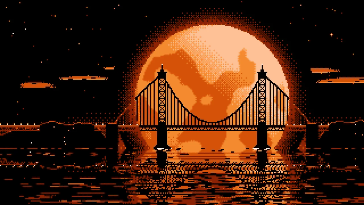 Orange Pixel Art Suspension Bridge and Full Moon desktop wallpaper in 4K