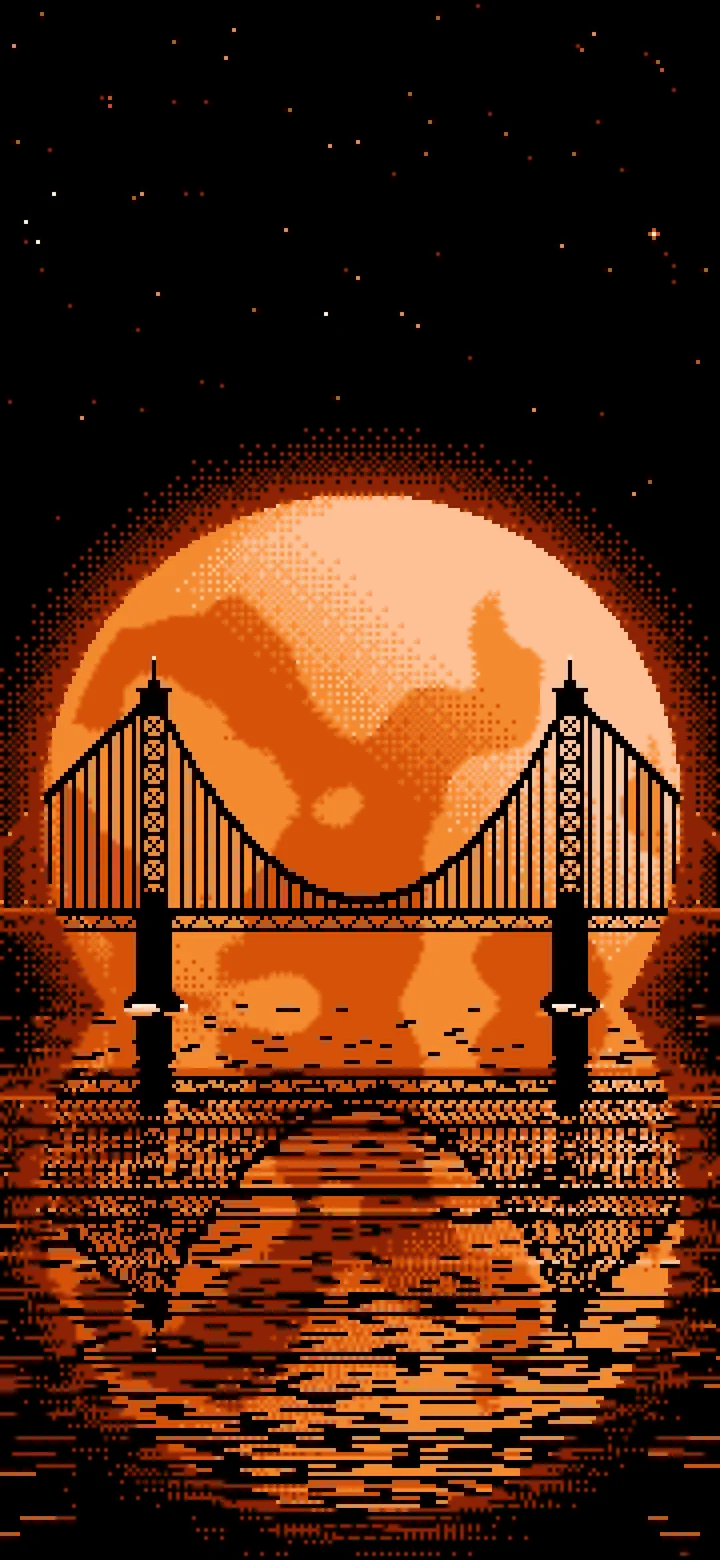 Orange Pixel Art Suspension Bridge and Full Moon wallpaper for iPhone and Android