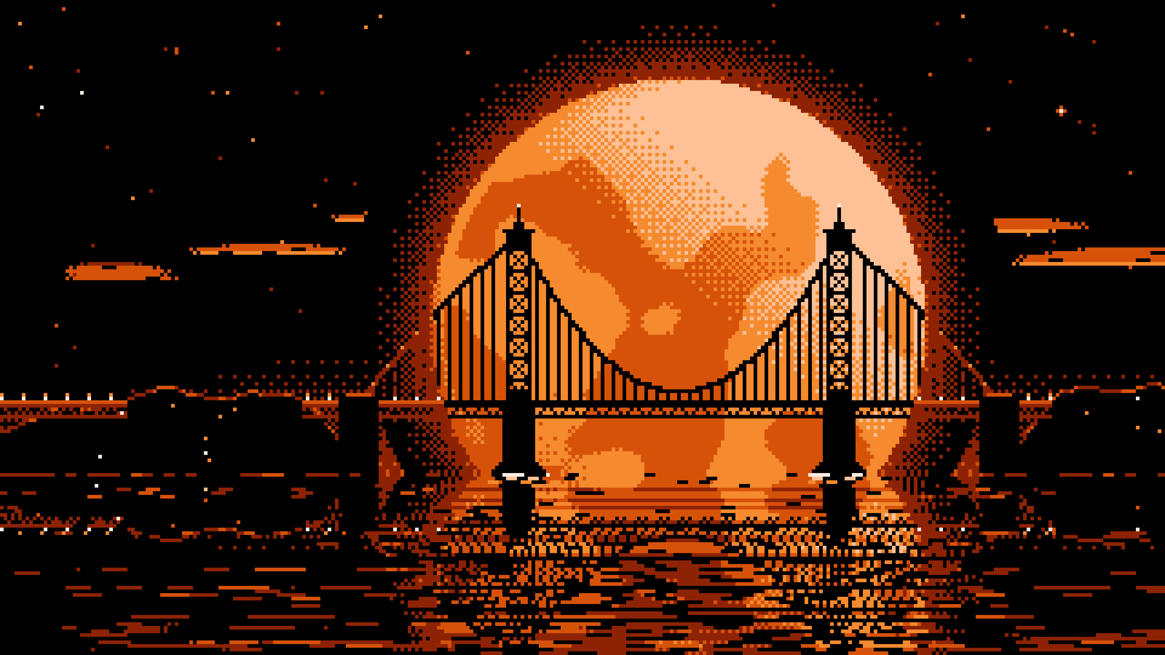 Orange Pixel Art Suspension Bridge and Full Moon desktop wallpaper in 4K