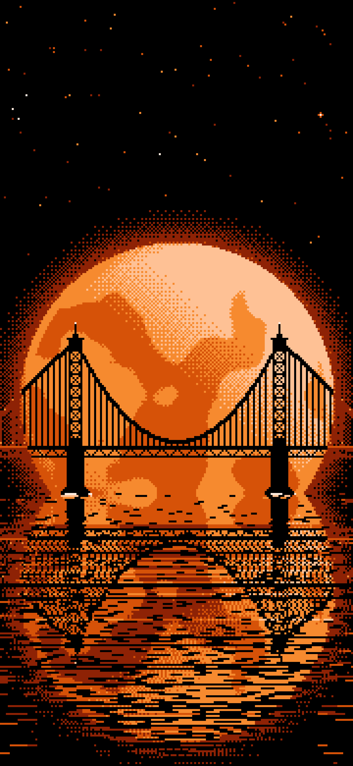 Orange Pixel Art Suspension Bridge and Full Moon wallpaper for iPhone and Android