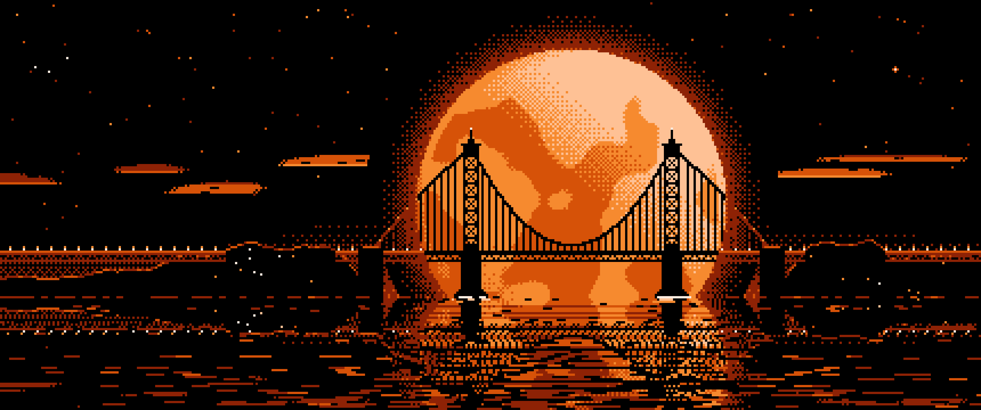 Orange Pixel Art Suspension Bridge and Full Moon ultrawide wallpaper, 3440 × 1440