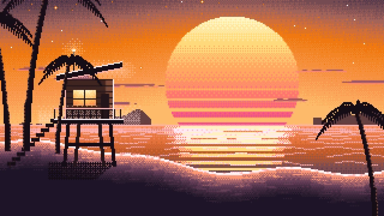 Orange Pixel Art Synthwave Beach desktop wallpaper in 4K