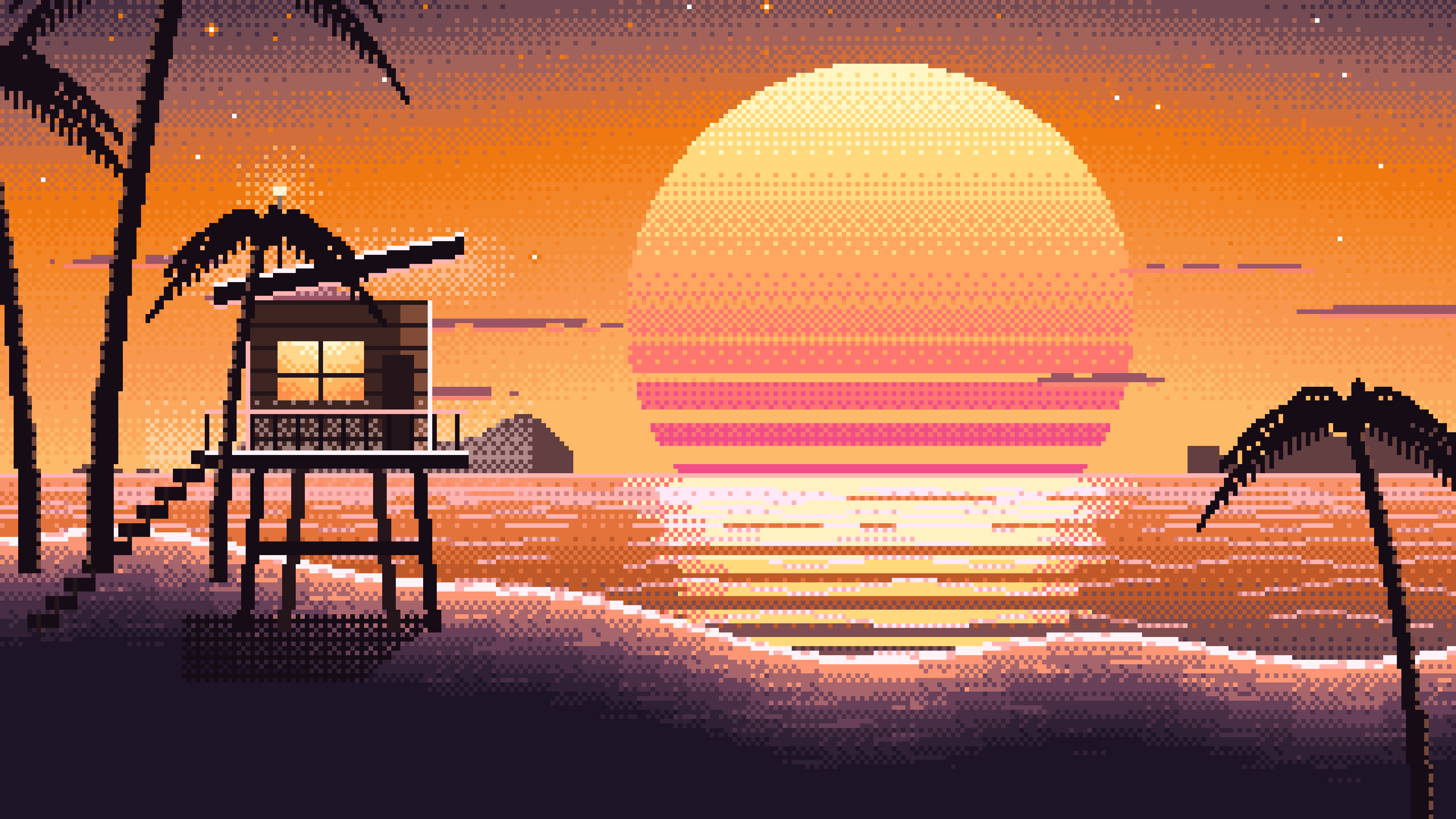 Orange Pixel Art Synthwave Beach desktop wallpaper in 4K