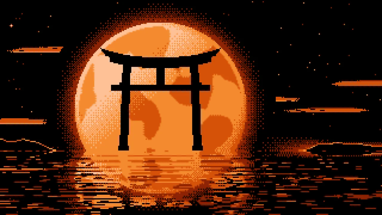 Orange Pixel Art Torii Gate and Moon desktop wallpaper in 4K