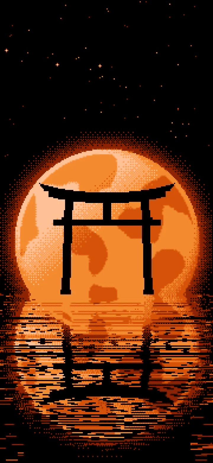 Orange Pixel Art Torii Gate and Moon wallpaper for iPhone and Android