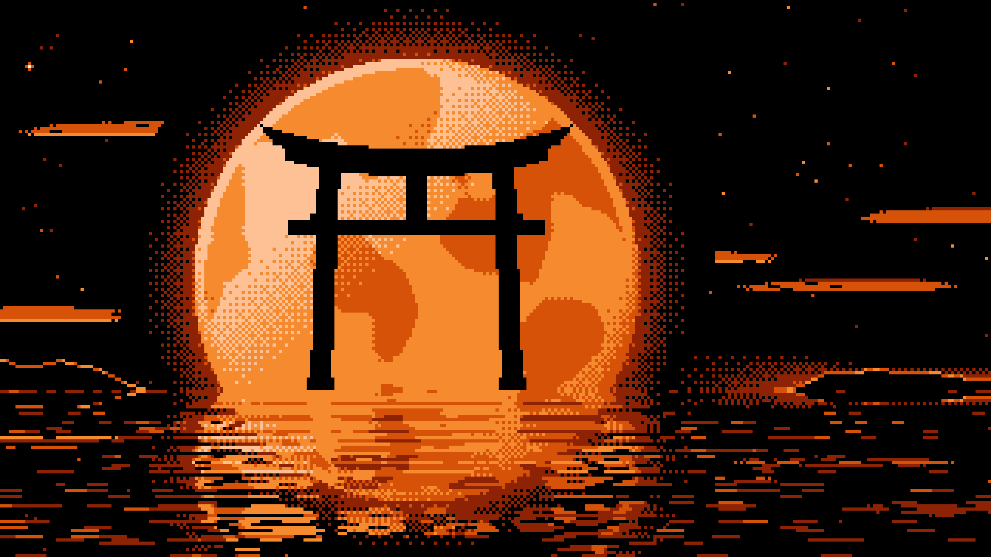 Orange Pixel Art Torii Gate and Moon desktop wallpaper in 4K