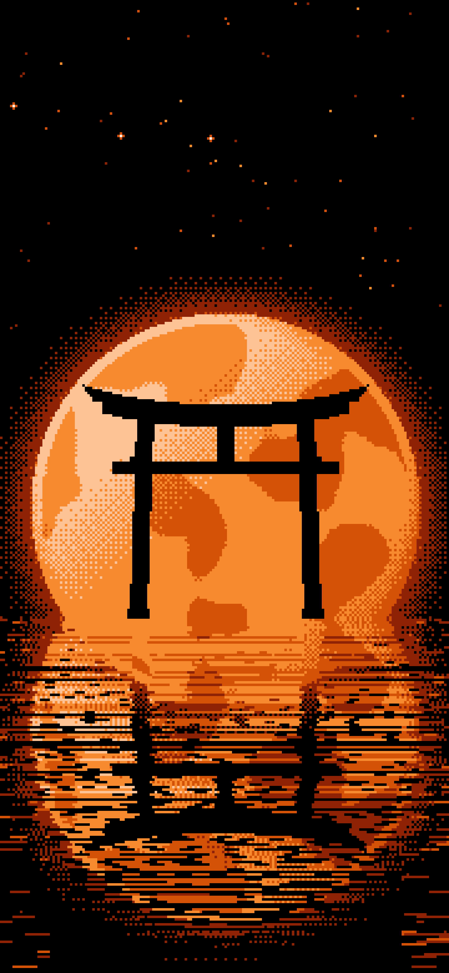 Orange Pixel Art Torii Gate and Moon wallpaper for iPhone and Android