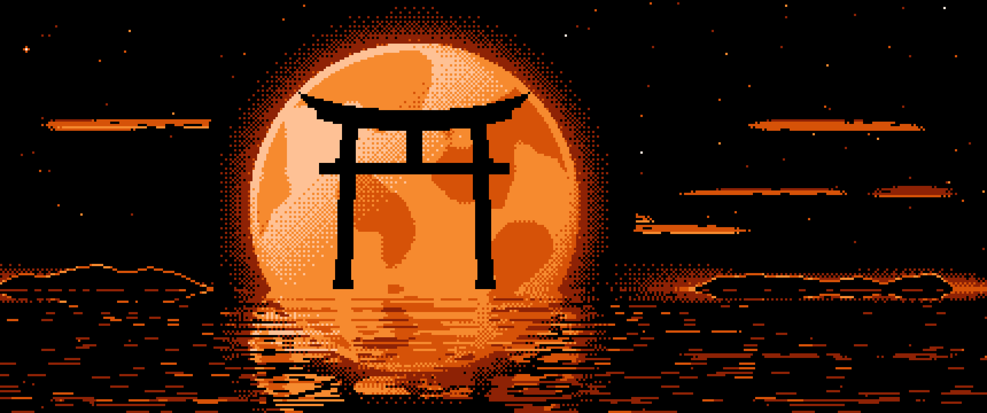 Orange Pixel Art Torii Gate and Moon ultrawide wallpaper, 3440 × 1440