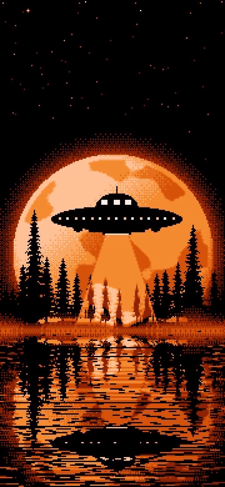 Orange Pixel Art UFO and Full Moon wallpaper for iPhone and Android