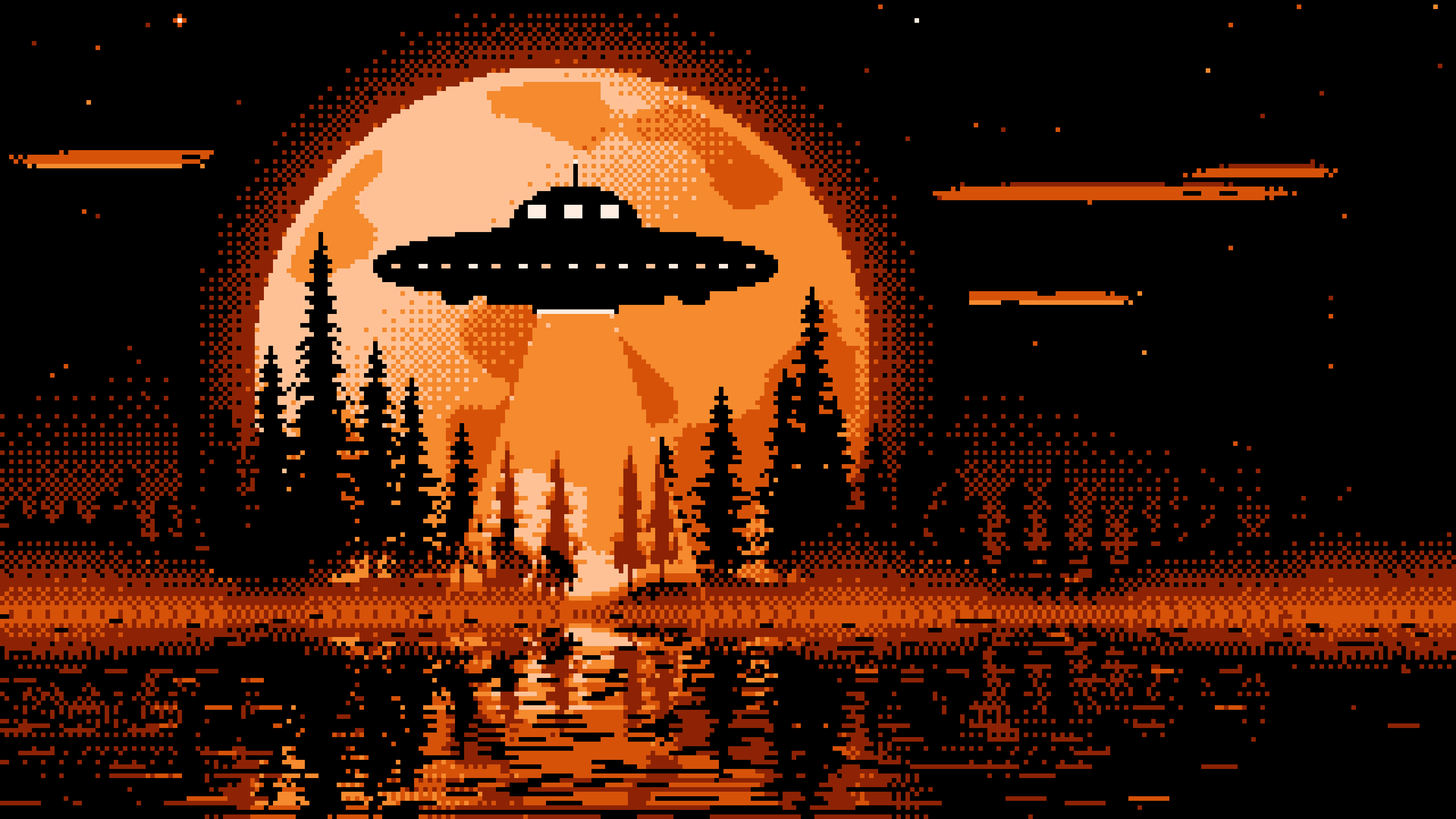 Orange Pixel Art UFO and Full Moon desktop wallpaper in 4K